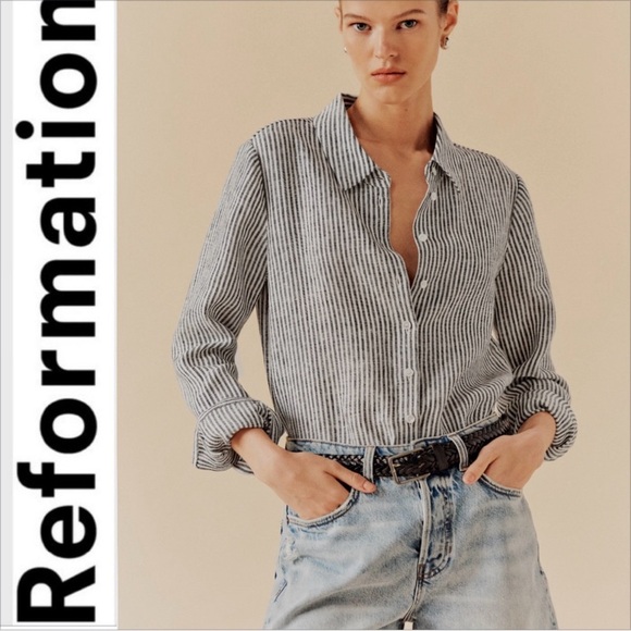 Reformation Relaxed 100% Linen Shirt striped M - Picture 1 of 7